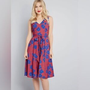 NWT Modcloth Red Floral Timeless Magnetism A-Line Dress Lined  Retro 4X